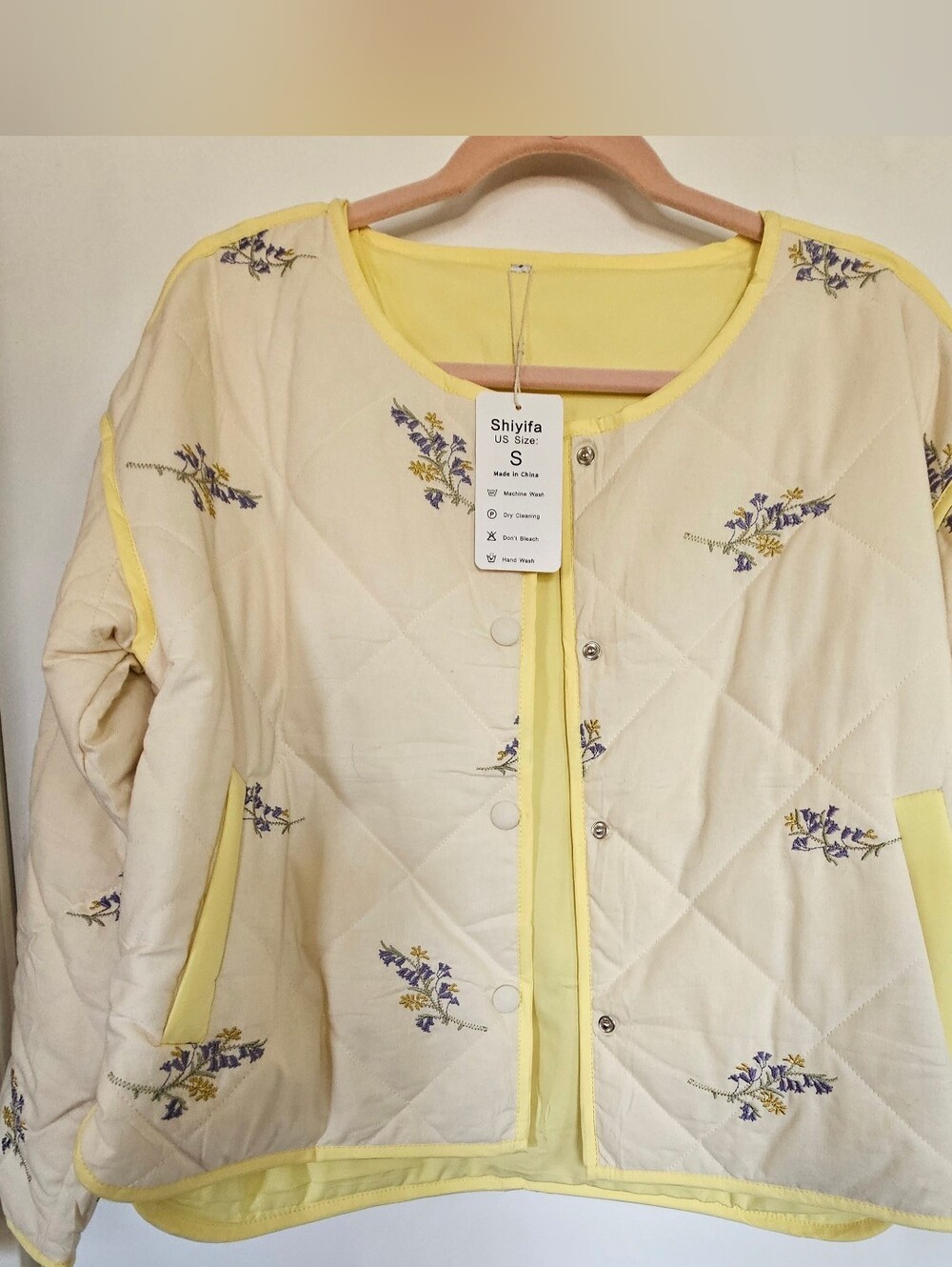 Shiyifa Quilted Floral Casual Casual Jacket - Cream & Yellow